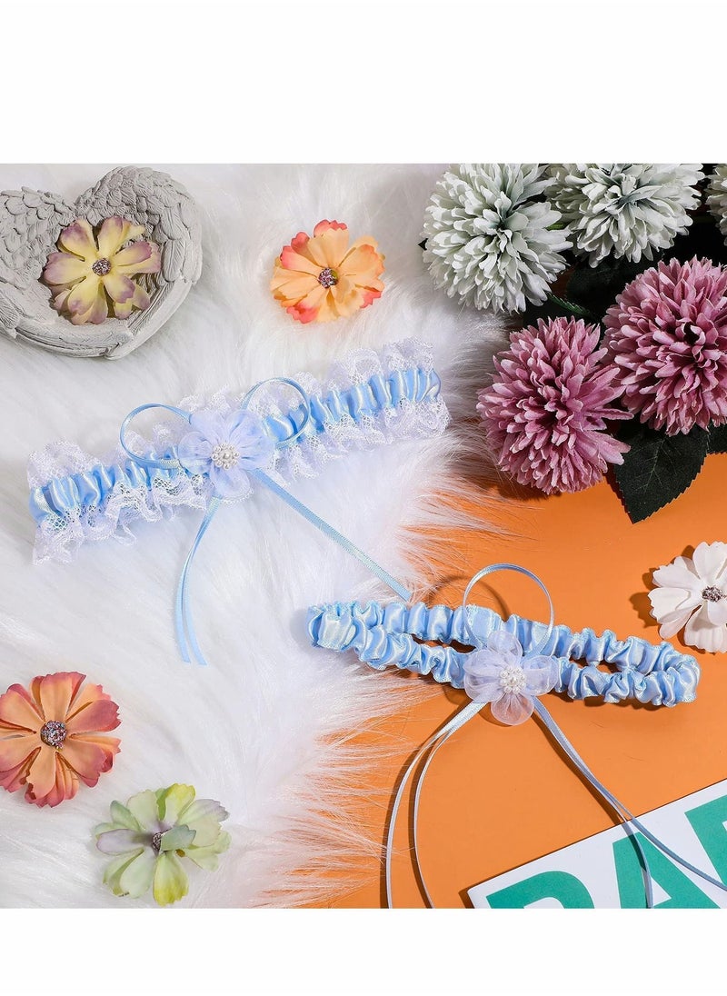 Y&D - Blue Bridal Garter, 2Pcs Lace Garter Belts, Wedding Garters with Flower - Image 1