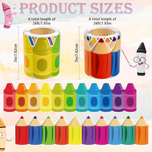 VABAMNA 52ft Bulletin Board Border Decorations - 2 Rolls Rainbow Crayon Border Trim for School Classroom Chalkboard Bulletin Board Wall Window Door Decor - Image 3