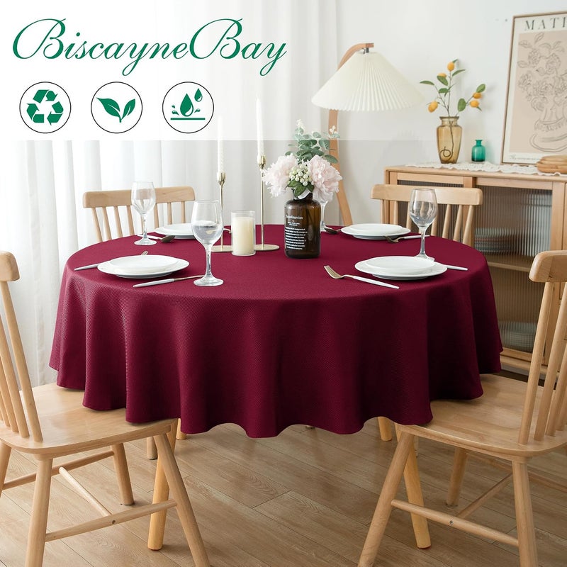 Biscaynebay Textured Fabric Christmas Tablecloths Round 60", Burgundy Water Resistant Table Cloth for Dining, Kitchen, Wedding, Parties etc. Machine Washable - Image 2