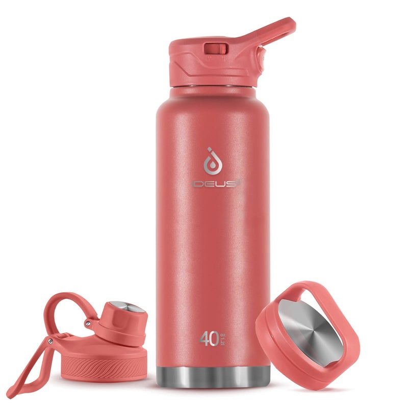 IDEUS Insulated Stainless Steel Water Bottle with 2 LeakProof Lids Thermal Water Flask for Hiking Biking 40oz Red