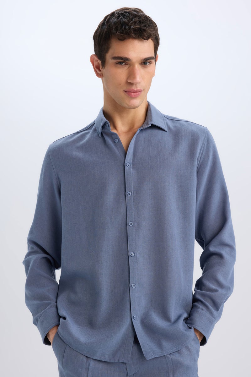 DeFacto Blue Man Regular Fit Polo Neck Linen Look Shirt Casual - Image 1