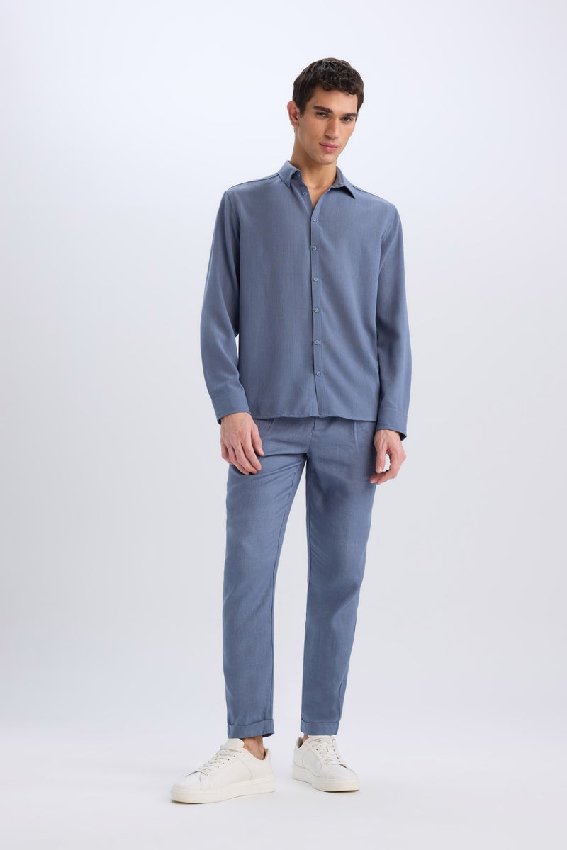 DeFacto Blue Man Regular Fit Polo Neck Linen Look Shirt Casual - Image 2