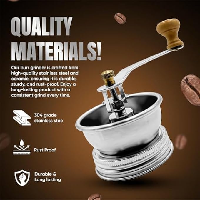 Azonee Stainless Steel Coffee Grinder Lid For Regular Mouth Mason Jars Manual Crank Burr Grinder For Fresh Coffee Camping Home Barista Rust Proof Ceramic Mechanism - Image 3