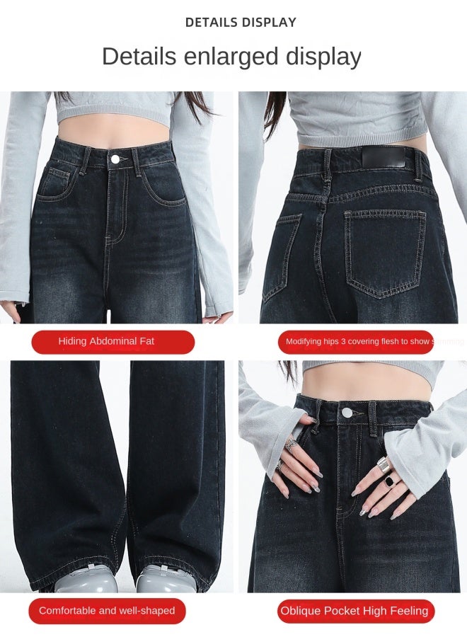 هابي سروال واسع الأرجل باللون الأزرق الرمادي للنساء، جديد الخريف والشتاء، عالي الخصر، مريح، فضفاض، طويل حتى الأرض، مستقيم - Image 2