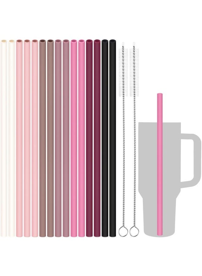 Tomorotec 12.2" Reusable Silicone Drinking Straws 15-Pack with Cleaning Brushes for Stanley Tumblers 40oz 30oz 20oz, Noise-Free BPA-Free Food Grade Silicone Adjustable for Various Cups (Pink Series) - Image 1