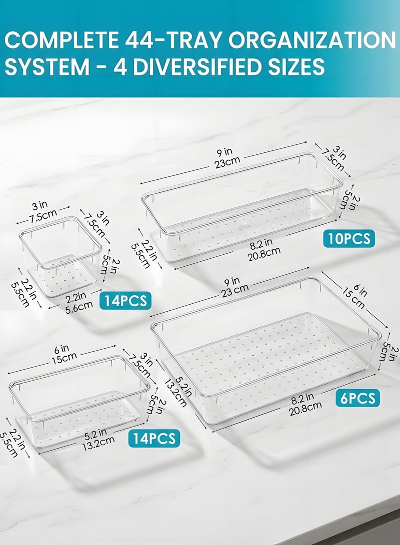 Beauenty 44 Pcs Clear Plastic Drawer Organizers, 4 Size Large Storage Organiser Set for Kitchen, Organizers Divider Trays for Bathroom, Makeup, Fridge Organiser, Bedroom, Office, Utensils, Jewelries - Image 2