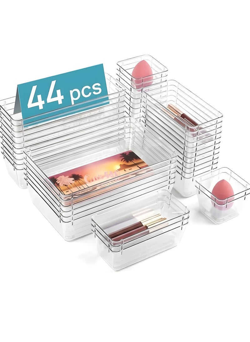 Beauenty 44 Pcs Clear Plastic Drawer Organizers, 4 Size Large Storage Organiser Set for Kitchen, Organizers Divider Trays for Bathroom, Makeup, Fridge Organiser, Bedroom, Office, Utensils, Jewelries - Image 1