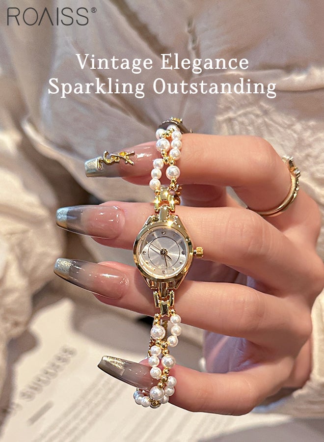 رويس ساعة يد نسائية أنيقة بسوار من اللؤلؤ، شاشة عرض تناظرية، مينا دائرية مزينة بالزركون، ساعة يد كوارتز فاخرة مقاومة للماء كهدية للسيدات - Image 2