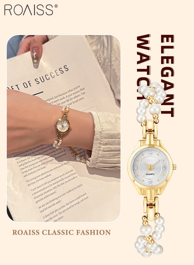 رويس ساعة يد نسائية أنيقة بسوار من اللؤلؤ، شاشة عرض تناظرية، مينا دائرية مزينة بالزركون، ساعة يد كوارتز فاخرة مقاومة للماء كهدية للسيدات - Image 1