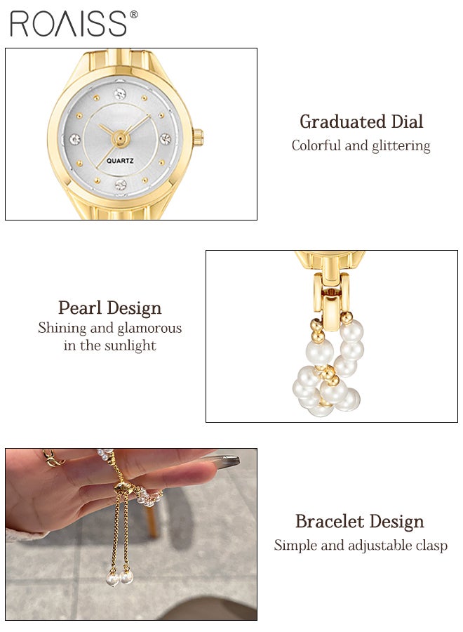 رويس ساعة يد نسائية أنيقة بسوار من اللؤلؤ، شاشة عرض تناظرية، مينا دائرية مزينة بالزركون، ساعة يد كوارتز فاخرة مقاومة للماء كهدية للسيدات - Image 5