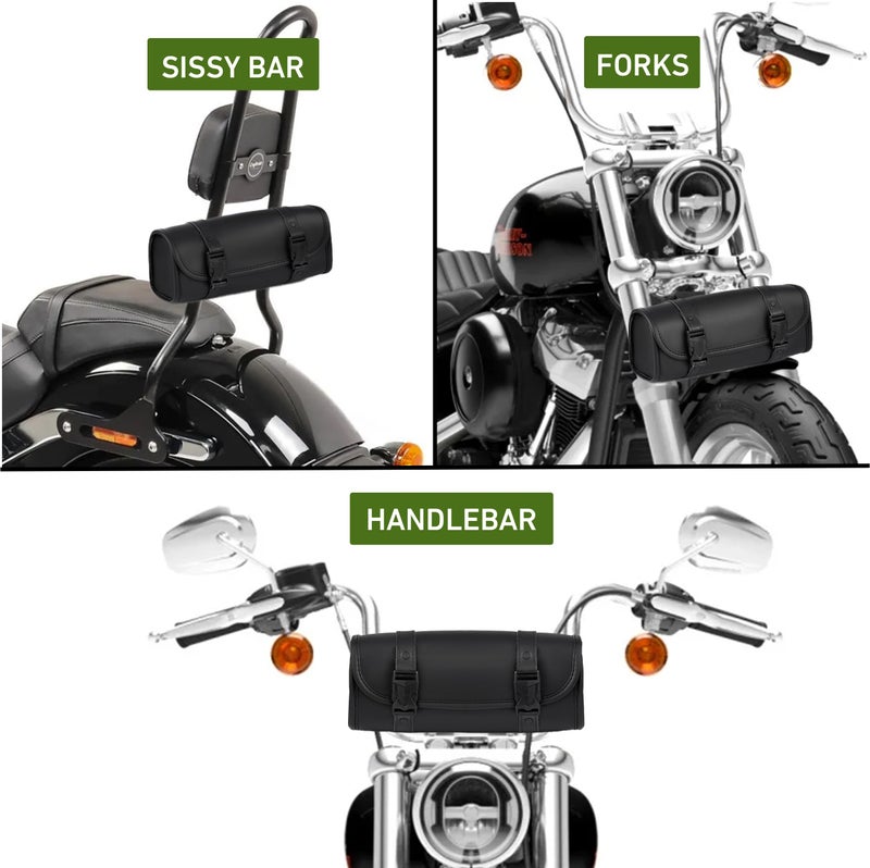 Nomad USA Nomad Motorcycle Tool Bag–Universal Handlebar Leather Pouch–Waterproof Cruiser Biker Roll Bag Front Fork or Saddlebag Storage (Black) - Image 3