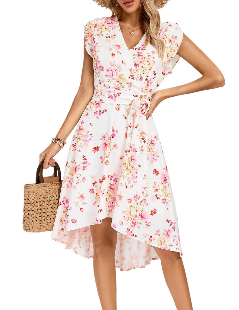 JASAMBAC Womens Summer Wrap Maxi Bohemian Dress Floral High Low Bridal Shower Evening Wedding Guest Dress Floral Pink L - Image 1
