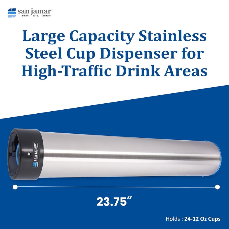San Jamar Surface Mount Cup Dispenser Vertical, 12 - 24 Oz. Cups for Restaurants, Dining Halls, and Fast Food, Stainless Steel, 23.75 Inches, Silver - Image 4