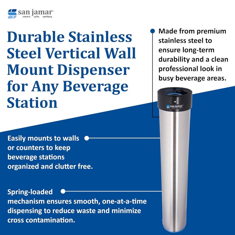 San Jamar Surface Mount Cup Dispenser Vertical, 12 - 24 Oz. Cups for Restaurants, Dining Halls, and Fast Food, Stainless Steel, 23.75 Inches, Silver - Image 3