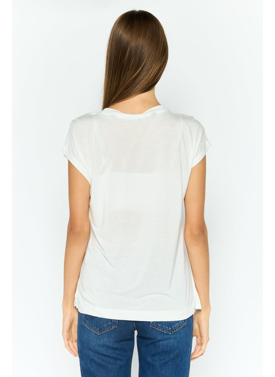 ESPRIT Women Round Neck Cap Sleeves Textured Top, White  - Image 4