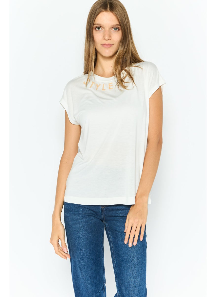 ESPRIT Women Round Neck Cap Sleeves Textured Top, White  - Image 1