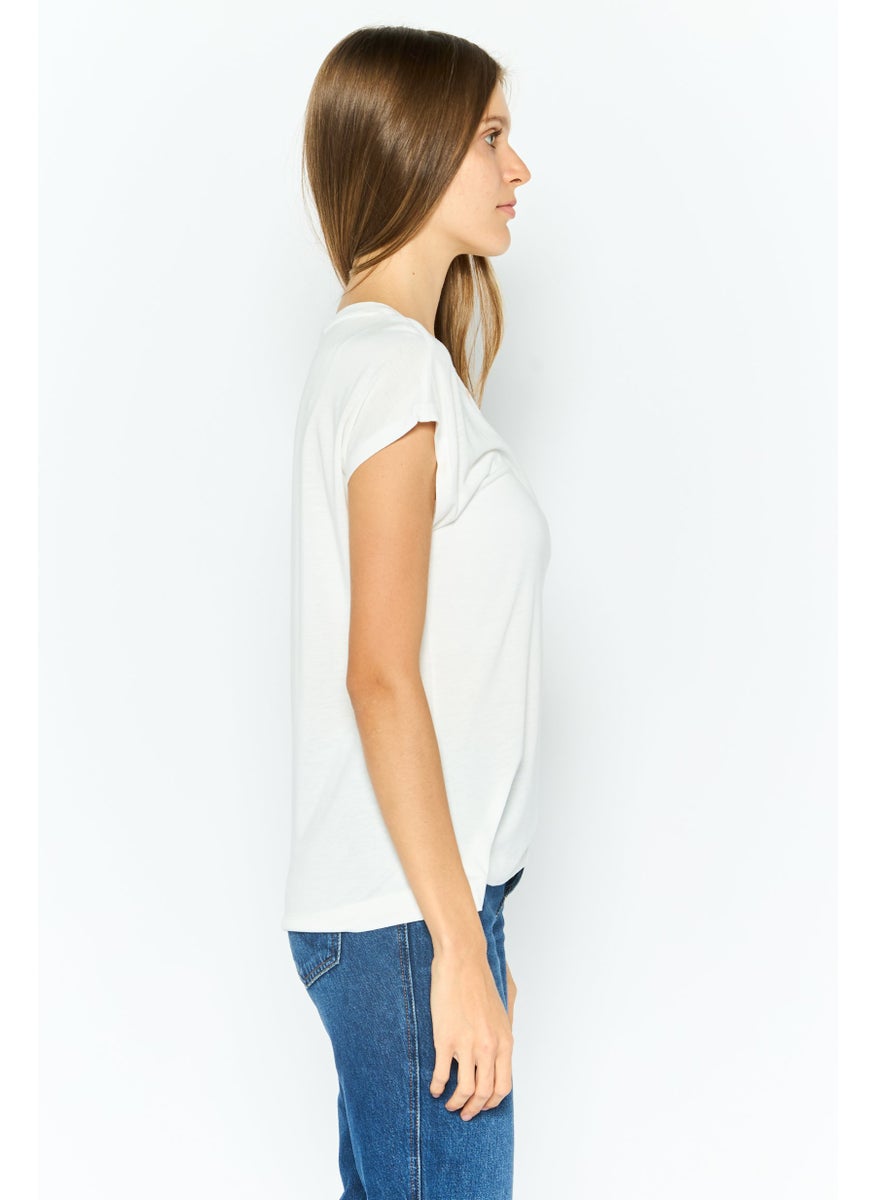 ESPRIT Women Round Neck Cap Sleeves Textured Top, White  - Image 3