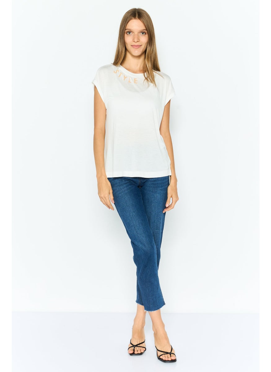 ESPRIT Women Round Neck Cap Sleeves Textured Top, White  - Image 2
