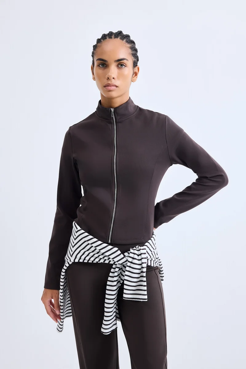 ديفاكتو Standard Fit Scuba Fabric High Neck Cardigan