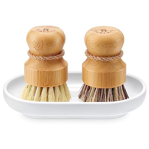SUBEKYU Bamboo Dish Scrub Brushes, Bubble Up Bamboo Dish Brush Set with Brush Tray, Kitchen Wooden Cleaning Scrubbers Set for Washing Cast Iron Pan/Pot, Natural Sisal +Coconut Palbristles, Set of 2 - Image 1