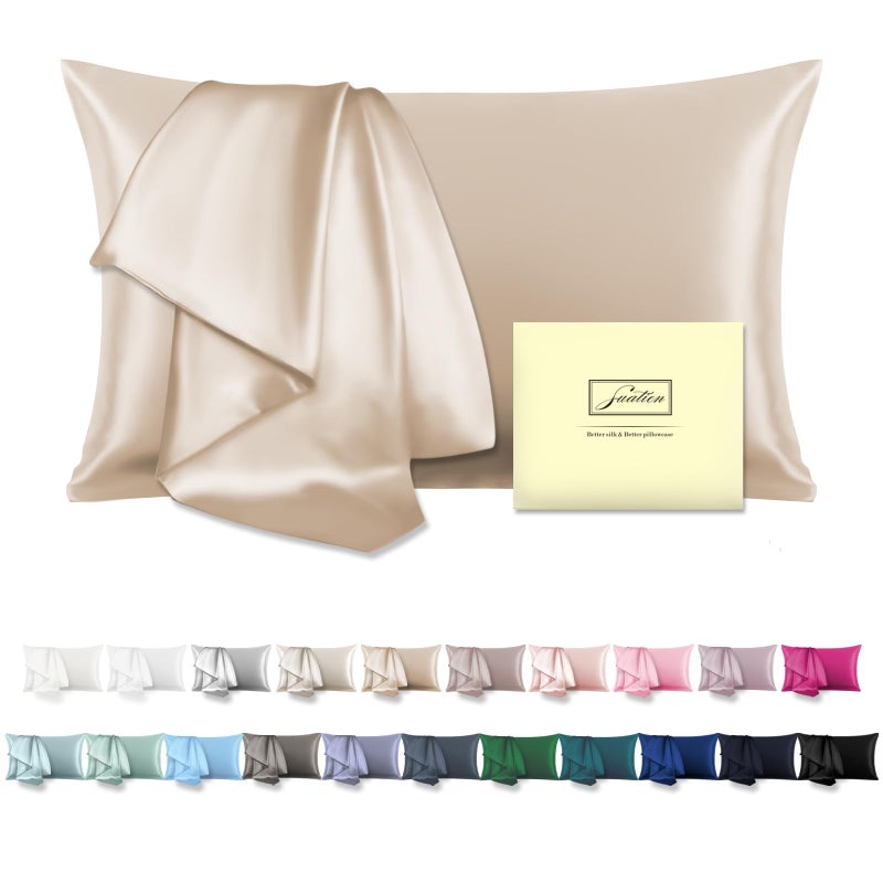 Suatien Natural Mulberry Silk Pillowcase for Hair and Skin Queen Size 20"X30" Pillow Case with Hidden Zipper Soft Breathable Smooth Cooling Silk Pillow Covers for Sleeping (Champagne,Queen,1Pcs) - Image 1