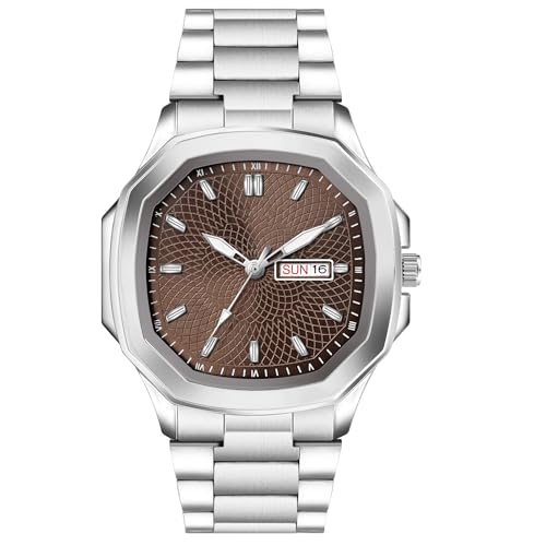 Acnos Analog Day & Date Stainless Steel Strap Watch for Men & Women – Multiple Dial Colors (Brown) - Image 1
