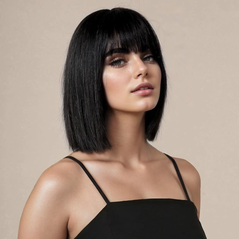 SUKRI Short Black Straight Wig with Bangs Black Wigs for Women Bob Shoulder Length Wigs Heat Resistant Fiber Synthetic Hair Wigs Hair Replacement Natural Looking(12INCH) - Image 1