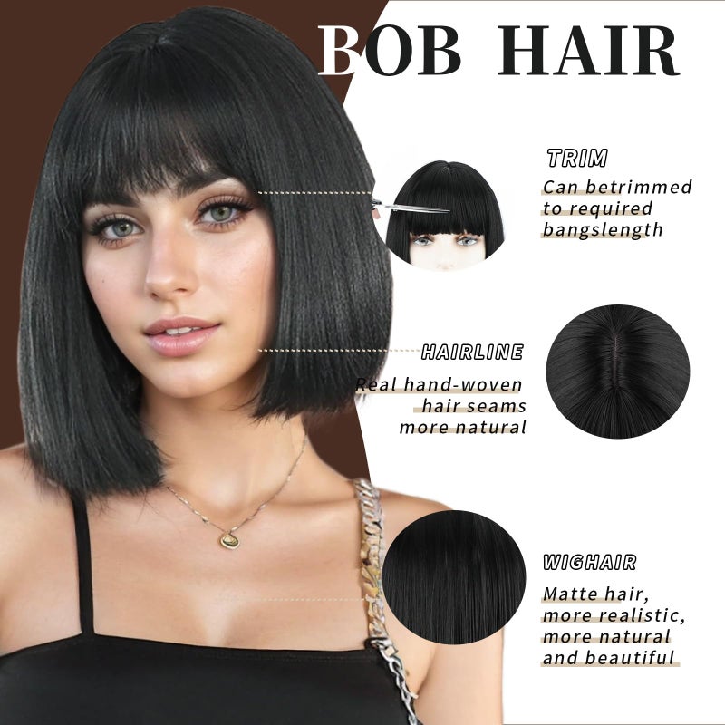 SUKRI Short Black Straight Wig with Bangs Black Wigs for Women Bob Shoulder Length Wigs Heat Resistant Fiber Synthetic Hair Wigs Hair Replacement Natural Looking(12INCH) - Image 5
