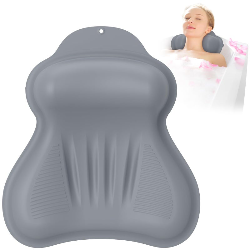 kixcvdm Silicone Bath Pillow, New Material Bath Pillows for Tub Head Neck and Back Support, Bath Tub Pillow with 4D Press Inflatable Airbag and Non-Slip Strong Suction Cups, Quick-Drying, Easy to Store, Gray - Image 1