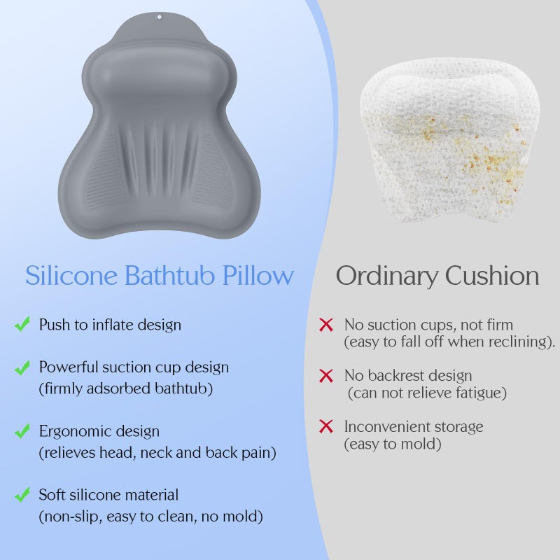 kixcvdm Silicone Bath Pillow, New Material Bath Pillows for Tub Head Neck and Back Support, Bath Tub Pillow with 4D Press Inflatable Airbag and Non-Slip Strong Suction Cups, Quick-Drying, Easy to Store, Gray - Image 4