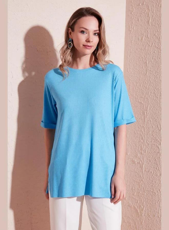 Lela Lela Oversize Crew Neck Blouse with Slit Detail Women's Blouse 5863683