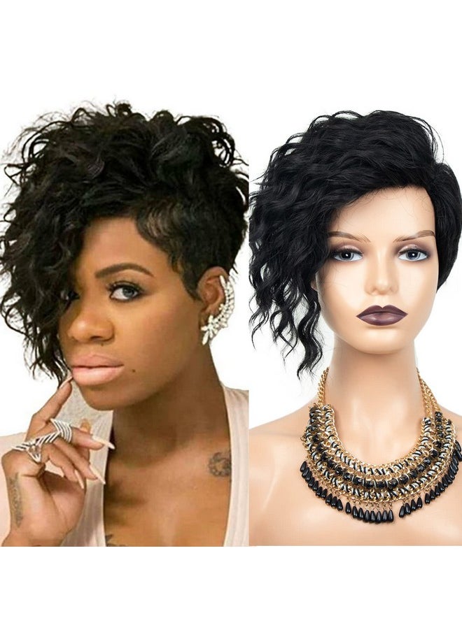 SEVENCOLORS - Short Curly Wigs For Black Women Natural Looking Wavy Short Black Wigs With Bangs African America Short Synthetic Hair Wigs - Image 1