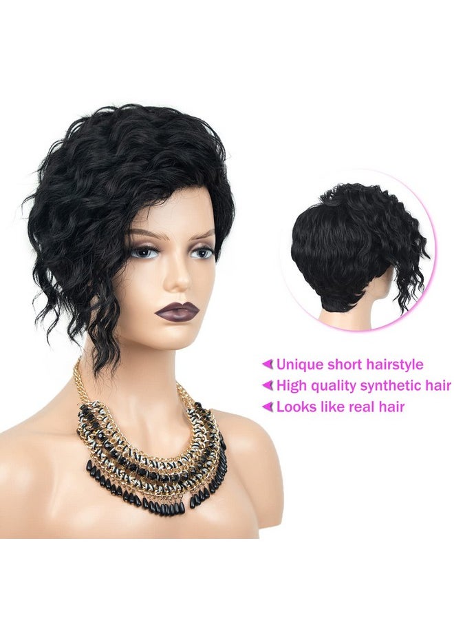 SEVENCOLORS - Short Curly Wigs For Black Women Natural Looking Wavy Short Black Wigs With Bangs African America Short Synthetic Hair Wigs - Image 1