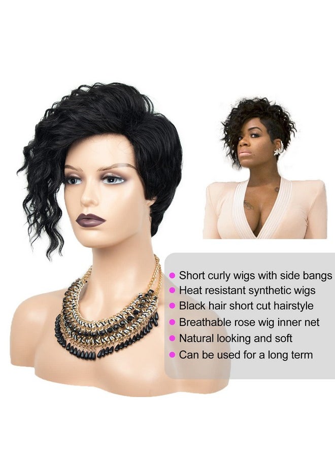 SEVENCOLORS - Short Curly Wigs For Black Women Natural Looking Wavy Short Black Wigs With Bangs African America Short Synthetic Hair Wigs - Image 1