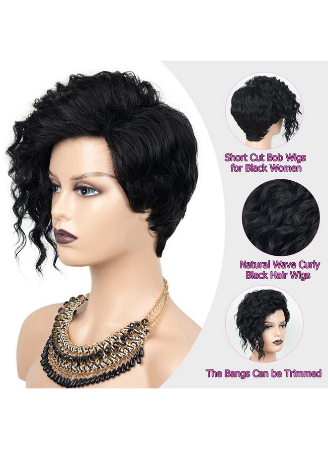 SEVENCOLORS - Short Curly Wigs For Black Women Natural Looking Wavy Short Black Wigs With Bangs African America Short Synthetic Hair Wigs - Image 1
