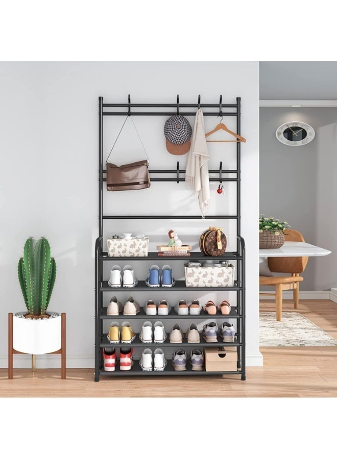5-Tier Shoe Rack with Coat Hooks, Freestanding Entryway Organizer Stand, Multi-Layer Storage Shelf for Shoes, Bags, Hats & Accessories, Hallway Bedroom Closet Storage, 80cm (Black) - Image 3