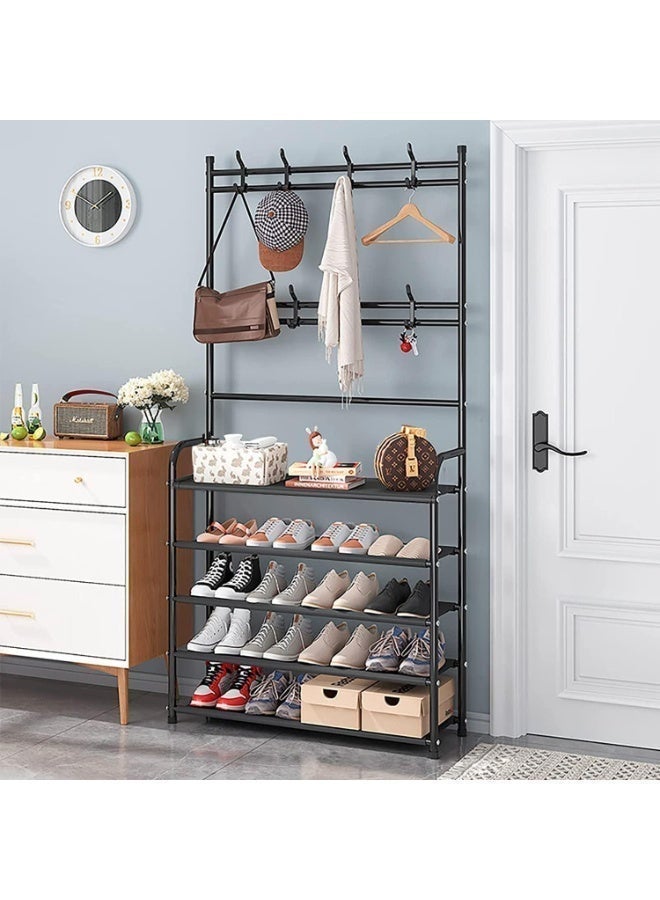 5-Tier Shoe Rack with Coat Hooks, Freestanding Entryway Organizer Stand, Multi-Layer Storage Shelf for Shoes, Bags, Hats & Accessories, Hallway Bedroom Closet Storage, 80cm (Black) - Image 5