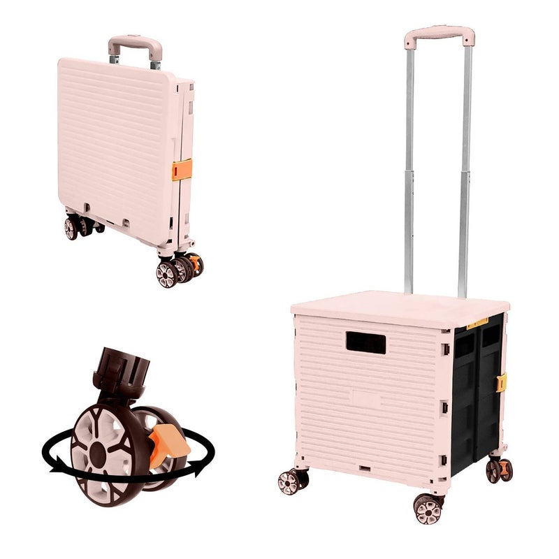 FELICON SELORSS Foldable Utility Cart Folding Portable Rolling Crate Handcart with Durable Heavy Duty Plastic Telescoping Handle Collapsible 4 Rotate Wheels for Travel Shop Move Luggage OfficePink
