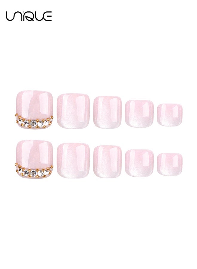 يونيك 24 قطعة أظافر صناعية - أظافر قدم فرنسية - أظافر أصابع القدم مرصعة بأحجار الراين الوردية - أظافر أصابع القدم لامعة على شكل عين القط - لاصق أظافر - Image 5