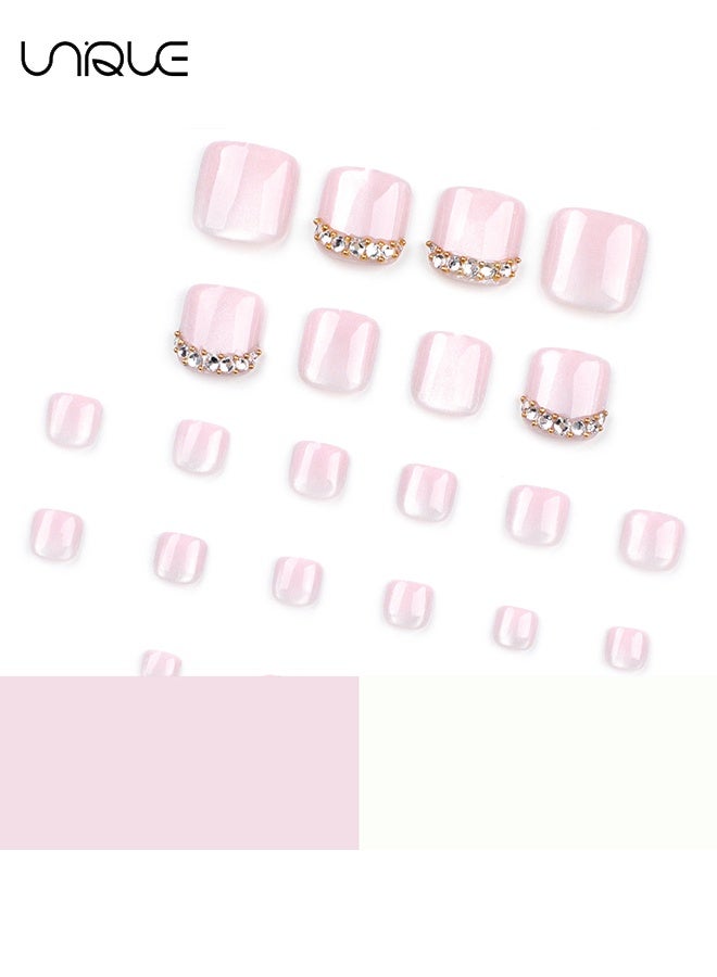يونيك 24 قطعة أظافر صناعية - أظافر قدم فرنسية - أظافر أصابع القدم مرصعة بأحجار الراين الوردية - أظافر أصابع القدم لامعة على شكل عين القط - لاصق أظافر - Image 2