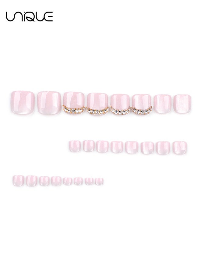 يونيك 24 قطعة أظافر صناعية - أظافر قدم فرنسية - أظافر أصابع القدم مرصعة بأحجار الراين الوردية - أظافر أصابع القدم لامعة على شكل عين القط - لاصق أظافر - Image 4