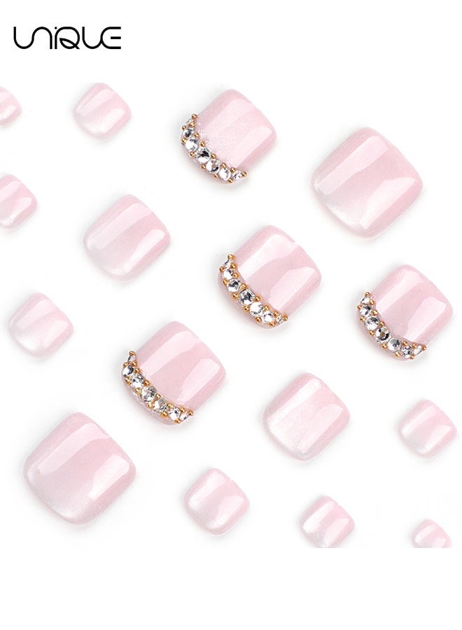 يونيك 24 قطعة أظافر صناعية - أظافر قدم فرنسية - أظافر أصابع القدم مرصعة بأحجار الراين الوردية - أظافر أصابع القدم لامعة على شكل عين القط - لاصق أظافر - Image 3