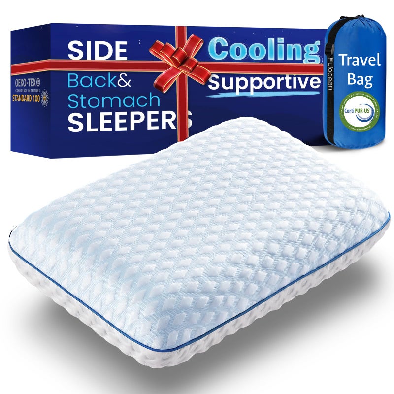 fulocean Cooling Gel Memory Foam Pillows for Sleeping, Bamboo Rayon Bed Pillow for Back Side Sleeper,Firm Contoured Support Travel Pillow, Neck Shoulder Pain Relief Washable Breathable Cover Dorm Twin XL Gifts - Image 1