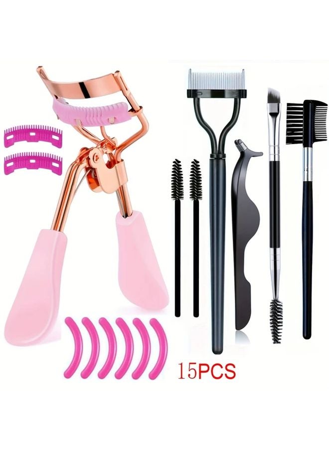 15Pcs Rose Gold Eyelash Curler Set With Replacement Pads And Essential Makeup Tools - Image 1
