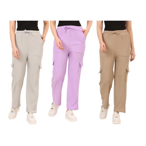 IndiCrafts Trendy Straight-Fit Cargo Palazzo Pants for Kids Girls |High-Waist Casual Wear with Pockets | Comfortable & Versatile Bottoms for Everyday Fashion (Grey, Purple, Beige_10-11 Y)| Pack of 3 - Image 1