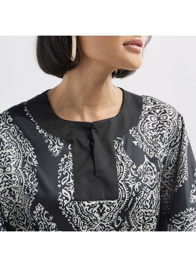 سبلاش فيڤ فستان قفطان بياقة مستديرة حزام رباط وفتحة وطبعات - Image 4