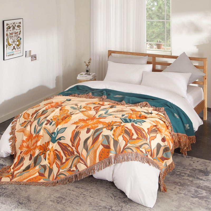 SE SOFTEXLY Boho Throw Blanket for Bed 60â€x80â€, 100% Cotton Woven Blanket for Couch Sofa, Ultra Soft 4-Layer Muslin Quilt with Floral Printed, Farmhouse Bed Blanket/Cover for Living Room Decor - Image 3