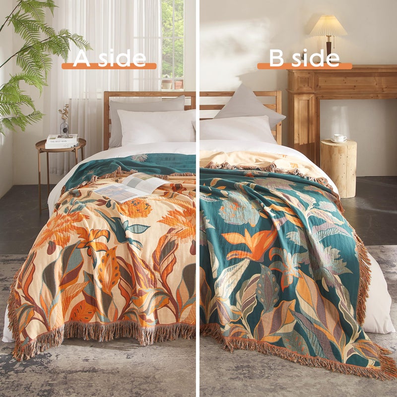 SE SOFTEXLY Boho Throw Blanket for Bed 60â€x80â€, 100% Cotton Woven Blanket for Couch Sofa, Ultra Soft 4-Layer Muslin Quilt with Floral Printed, Farmhouse Bed Blanket/Cover for Living Room Decor - Image 2
