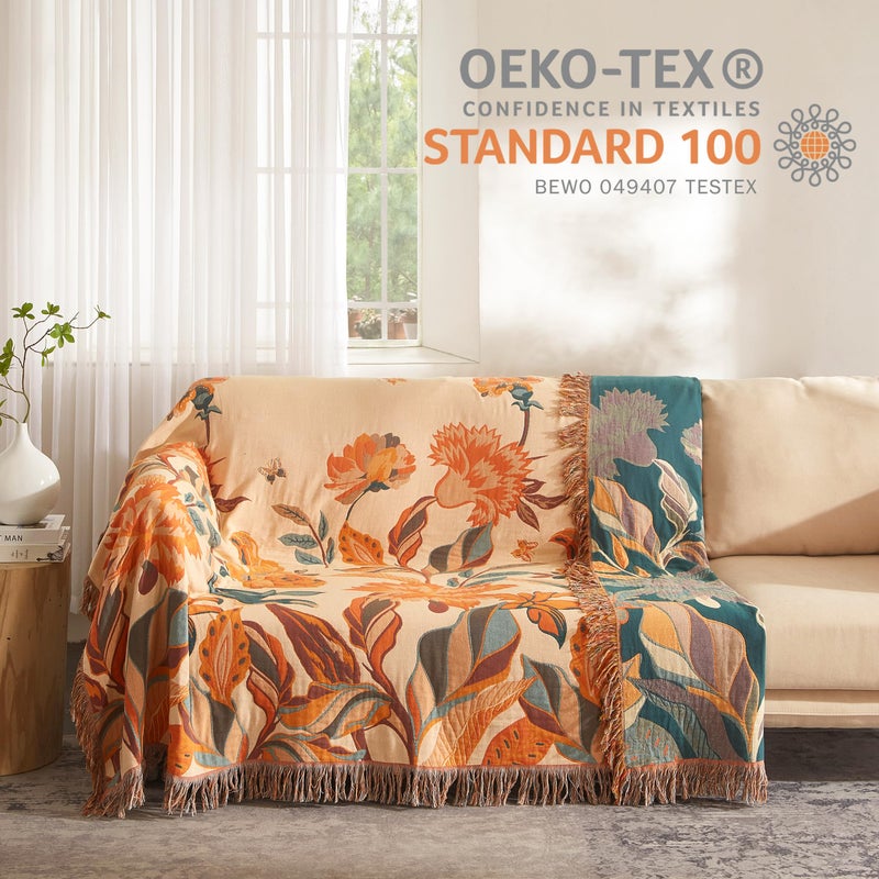 SE SOFTEXLY Boho Throw Blanket for Bed 60â€x80â€, 100% Cotton Woven Blanket for Couch Sofa, Ultra Soft 4-Layer Muslin Quilt with Floral Printed, Farmhouse Bed Blanket/Cover for Living Room Decor - Image 4