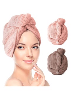 Drying Hair Towel, Microfiber Wrap Dry Hair Cap, Magic Fast Drying Towelette with Elastic Loop Button for Long Curly Hair Anti-frizz All Hair Types Pink, Brown